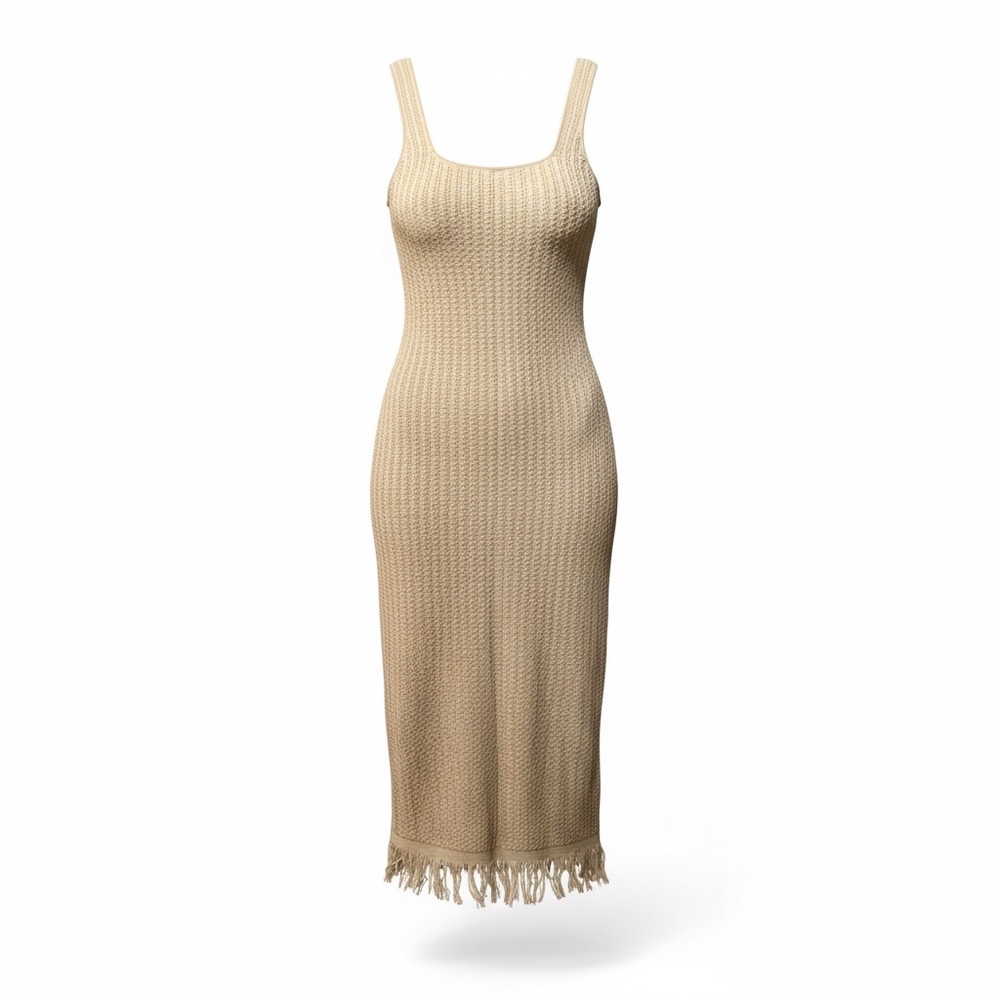 Cream Knit Fringe Tank Maxi Dress